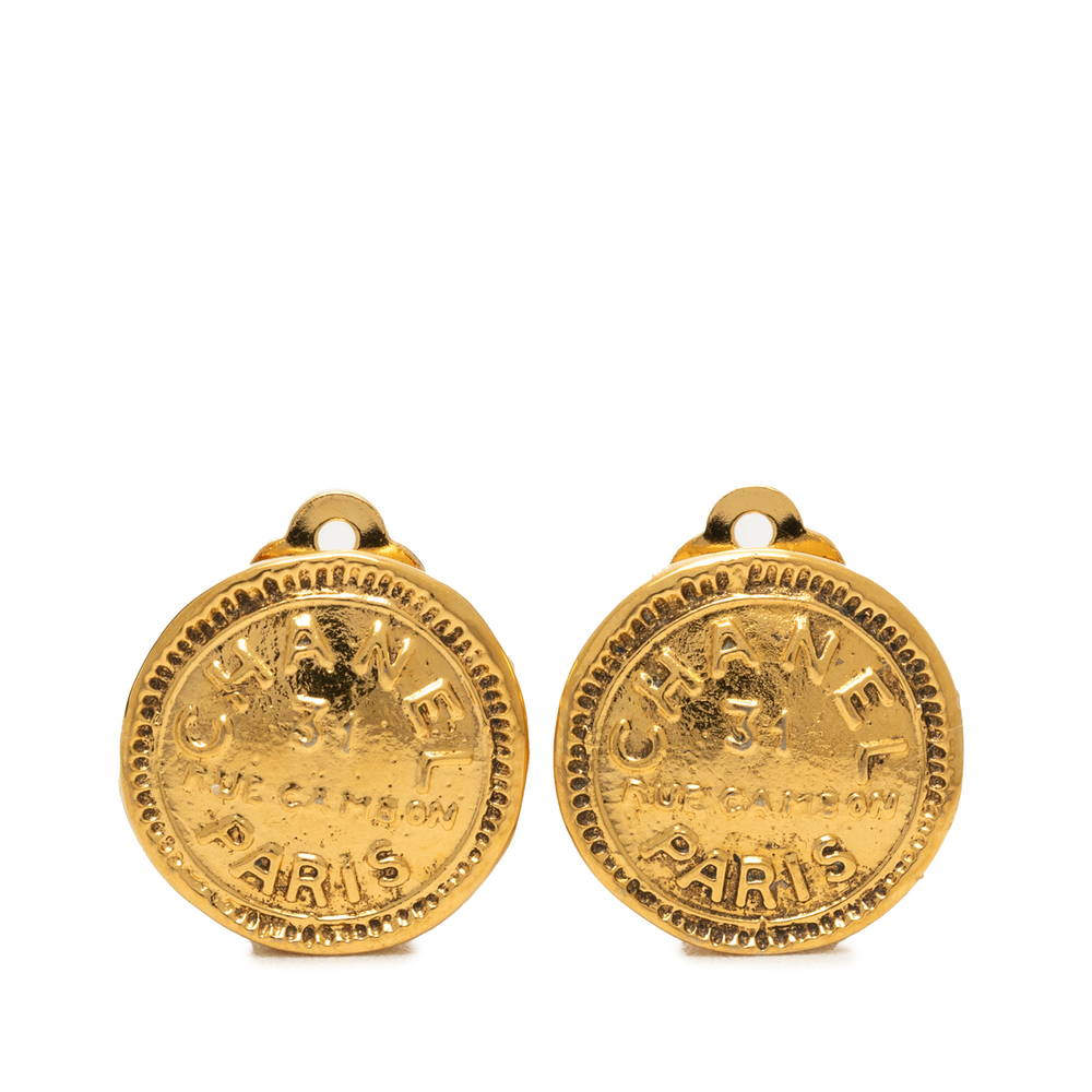 Pre-Loved Chanel Gold Plated 31 Rue Cambon Round Clip On Earrings - Picture 1 of 3
